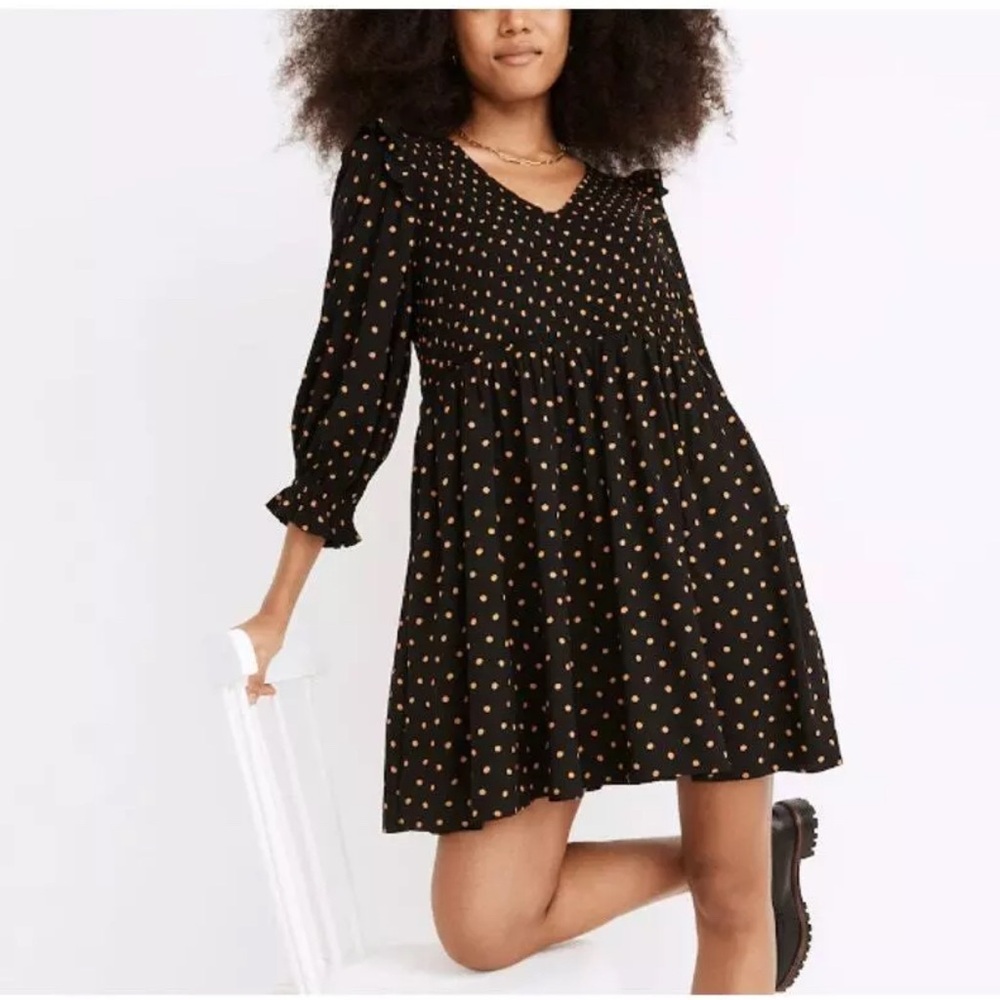 Madewell Petite Lucie V-Neck Smocked Mini Dress in Oval Dot